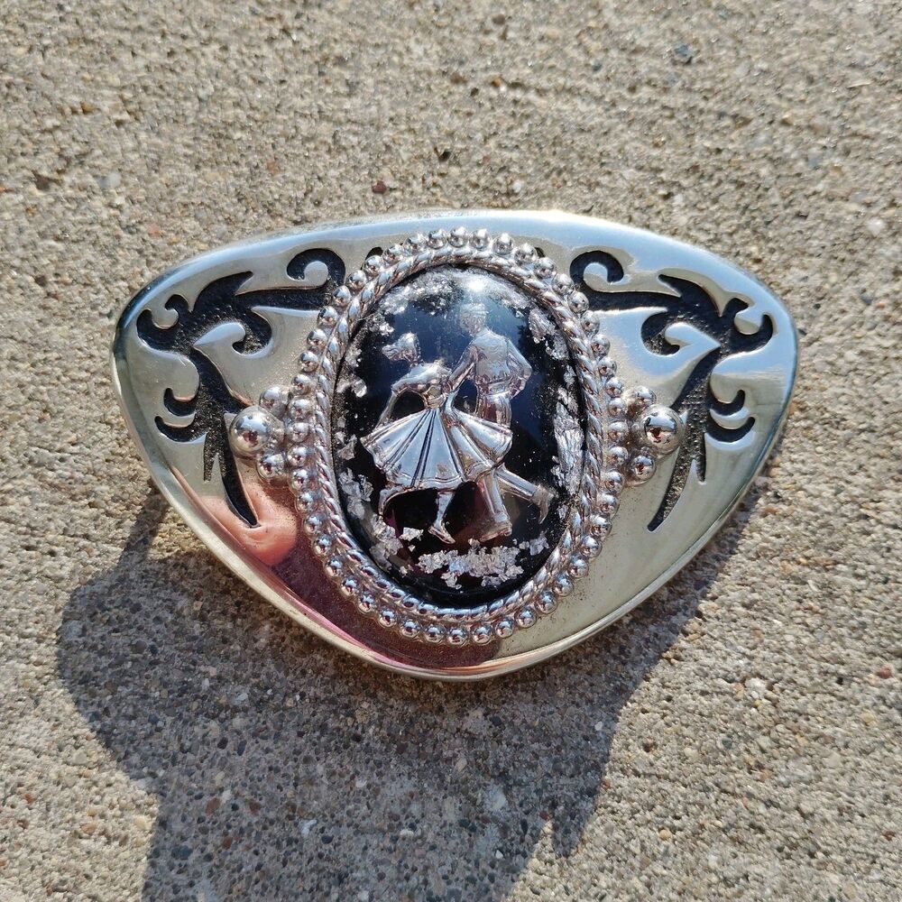 Vintage Western Square Dance Country Dancing Belt Buckle Silver Tone Line Swing